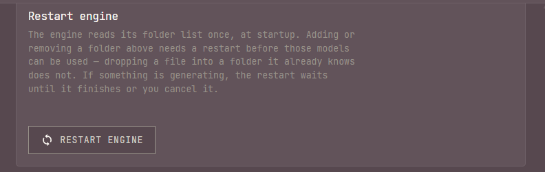 The Restart engine row at the end of External Connections: its description of why a folder change needs a restart, and the Restart engine button