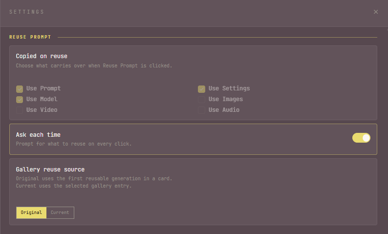 Reuse Prompt settings section with the Copied on reuse checkboxes, an Ask each time toggle, and a Gallery reuse source Original / Current control