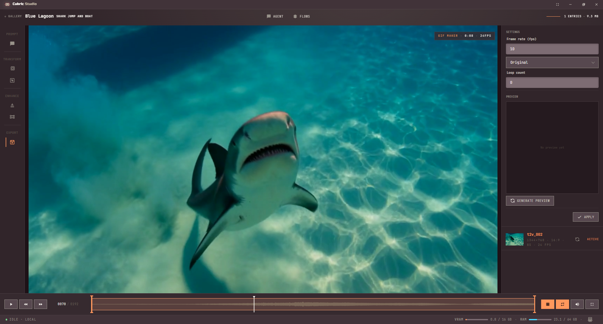 GIF Maker open on a video in History: Frame rate 10, size Original, Loop count 0, an empty preview, Generate preview and Apply