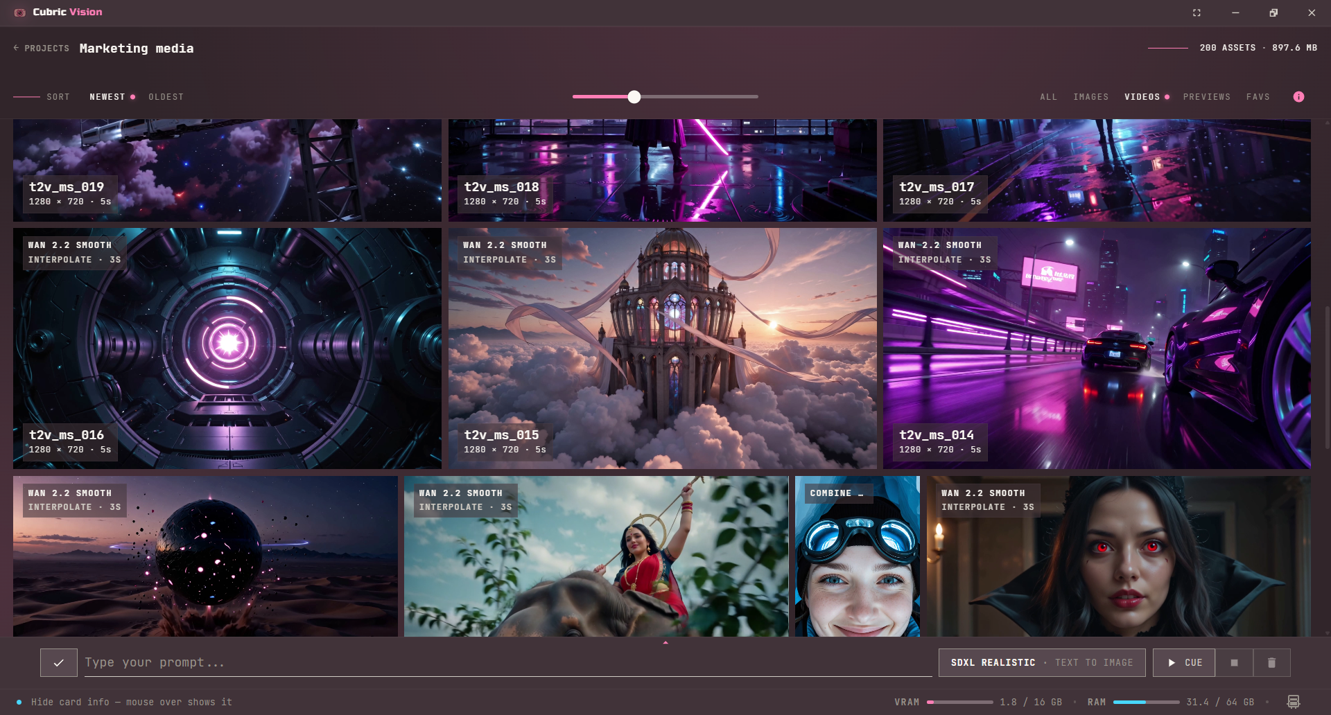 Cubric Vision Gallery with Videos filter active and card information mode enabled, showing video cards with operation, filename, dimensions, and duration labels