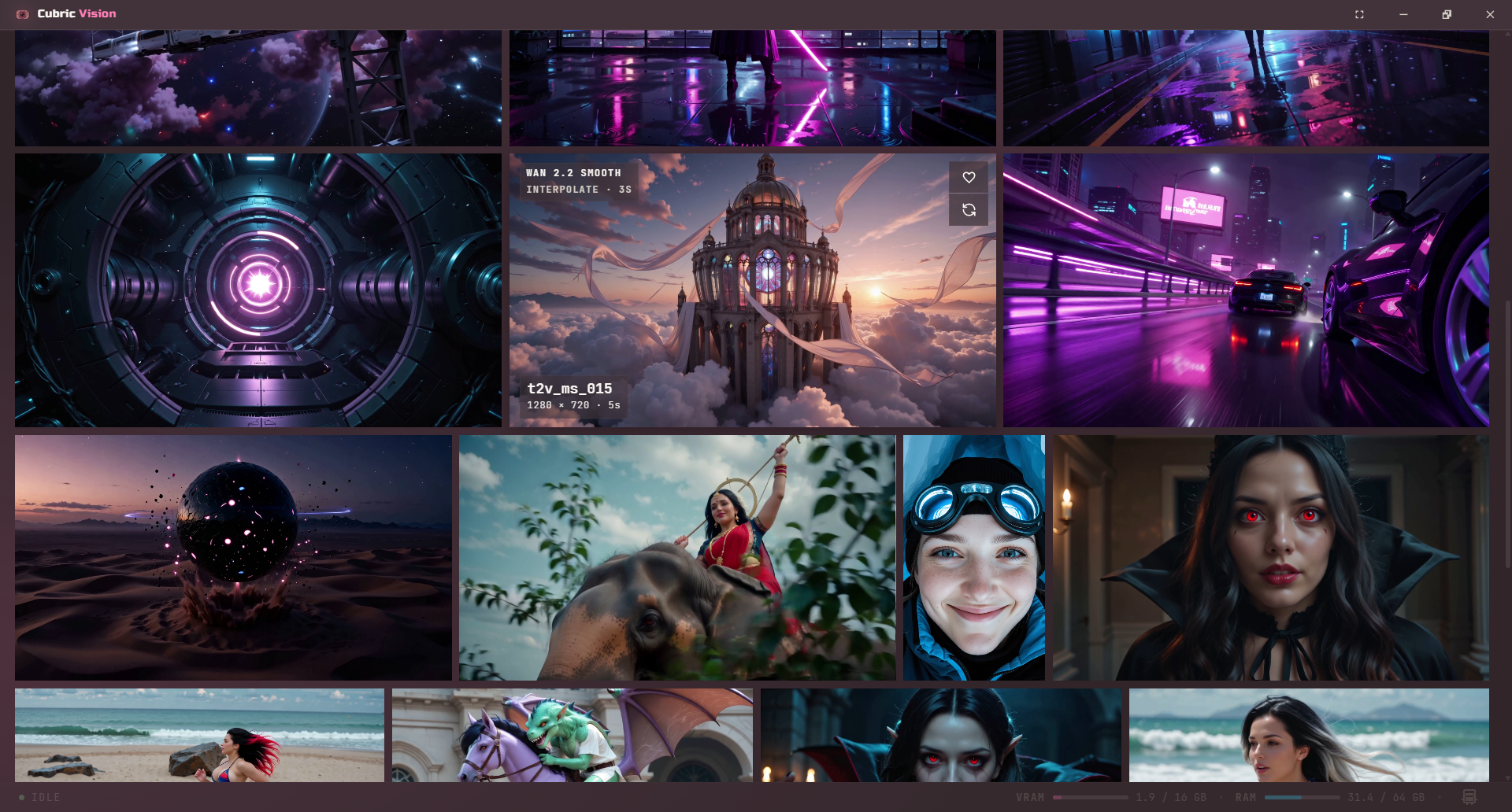 Cubric Vision Gallery in focus mode with the media grid expanded and surrounding chrome hidden