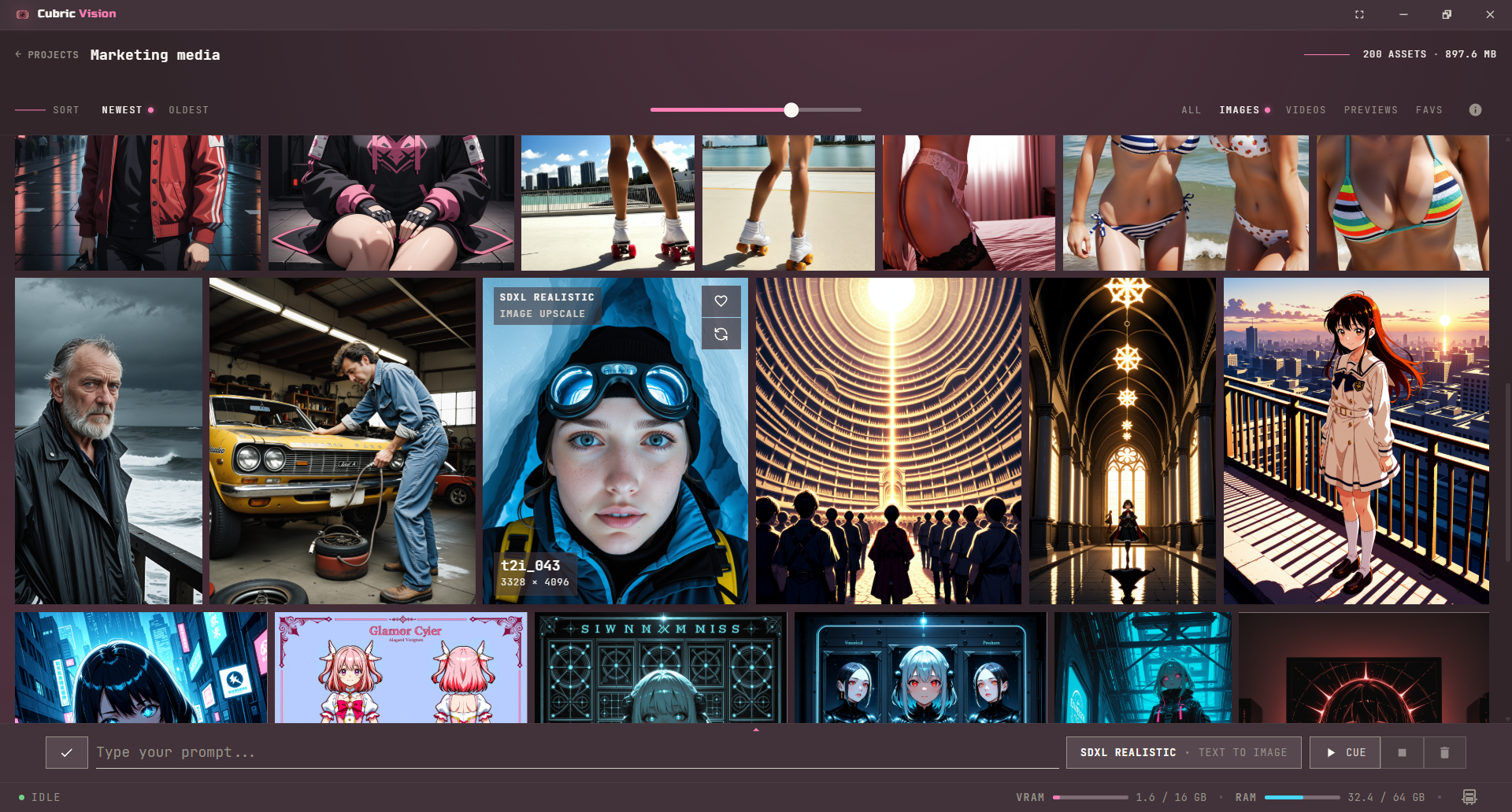 Cubric Vision Gallery workspace showing a project named Marketing media, Newest and Oldest sort controls, media filters, a thumbnail size slider, a masonry gallery grid, the Prompt Box, queue controls, and status footer