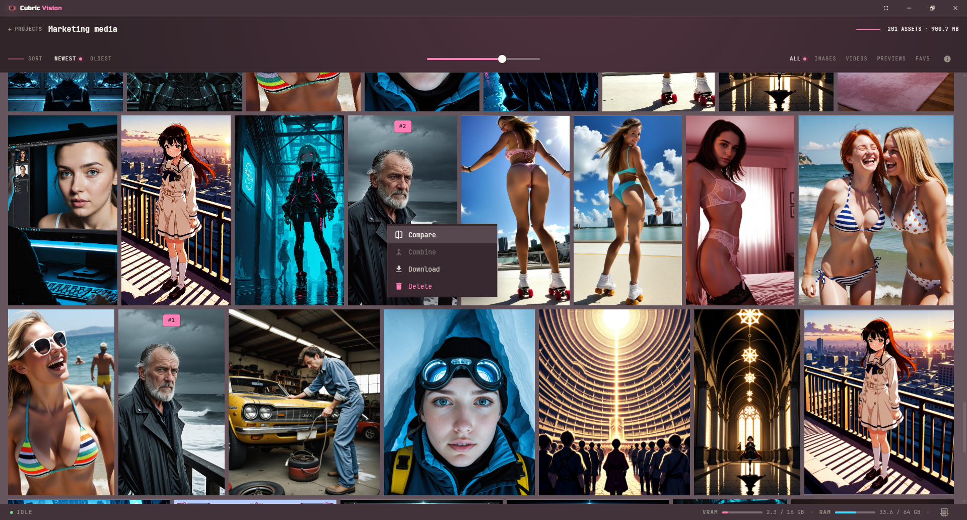 Gallery in selection mode with an image and a video selected, showing selection number badges and a custom context menu