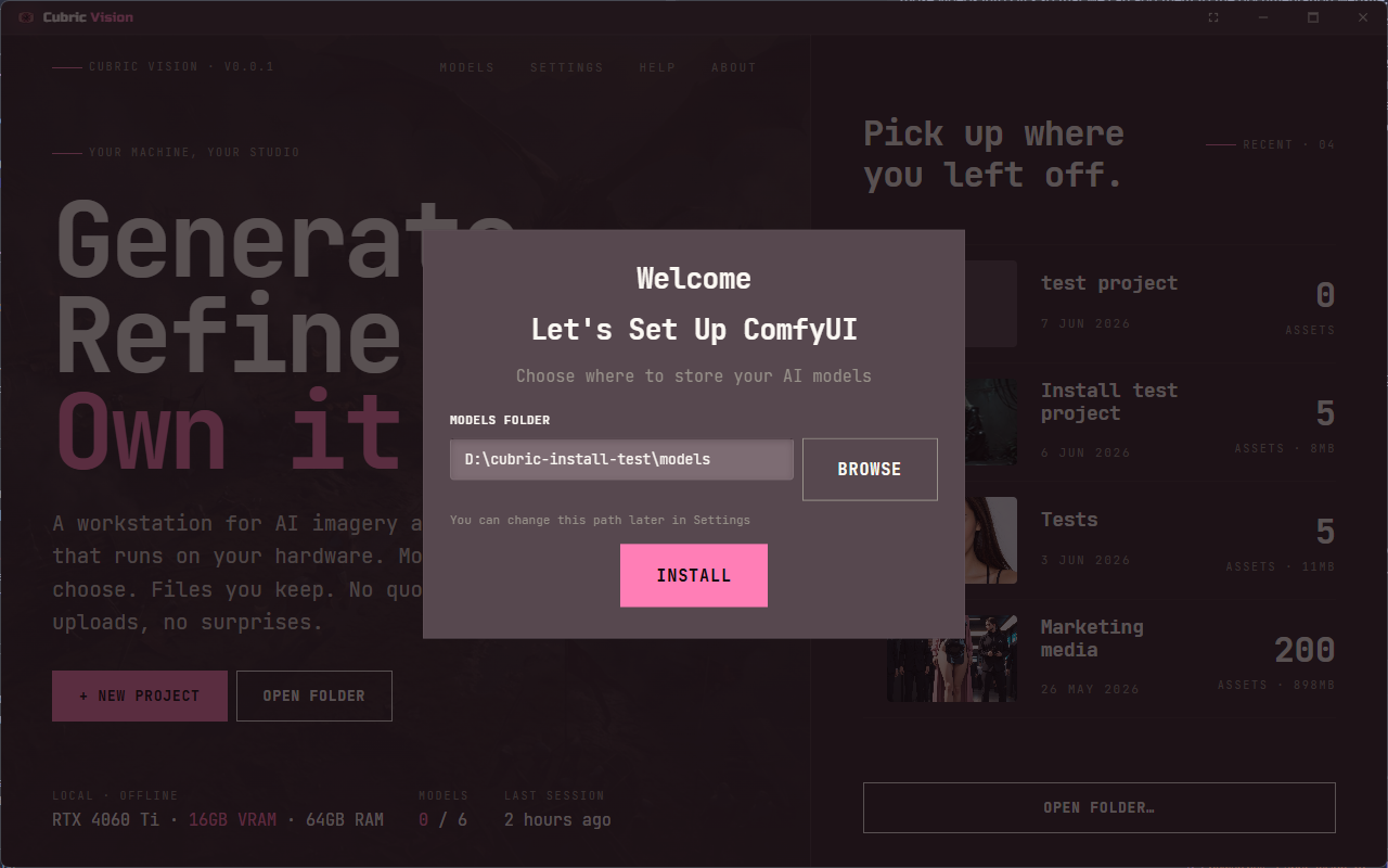 Cubric Vision first-launch modal asking where to store AI models, with a Models Folder field and Install button