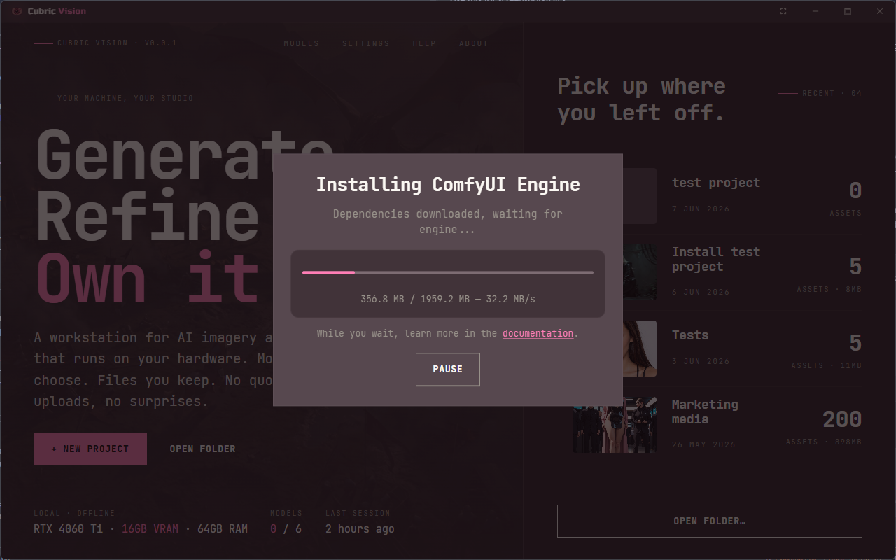 Cubric Vision installation progress modal showing the ComfyUI engine installing with a progress bar and pause button
