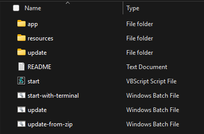Extracted Cubric Vision portable release folder showing app, resources, update, README, start, start-with-terminal, update, and update-from-zip files