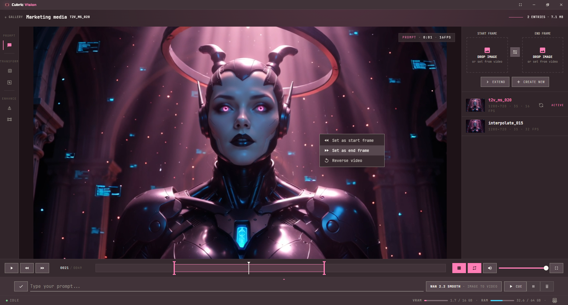 Video viewer context menu with Set as start frame, Set as end frame, and Reverse video actions