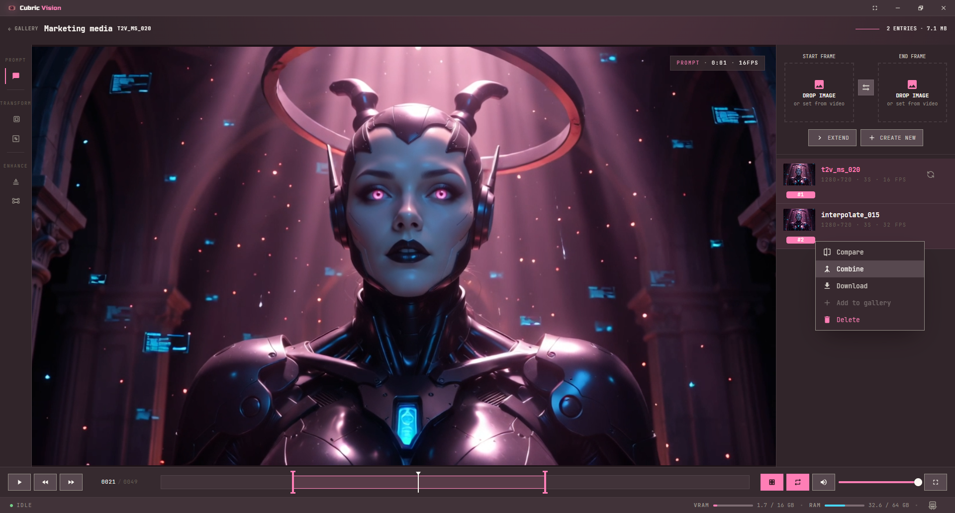 Video History entry context menu with selected video entries and actions including combine