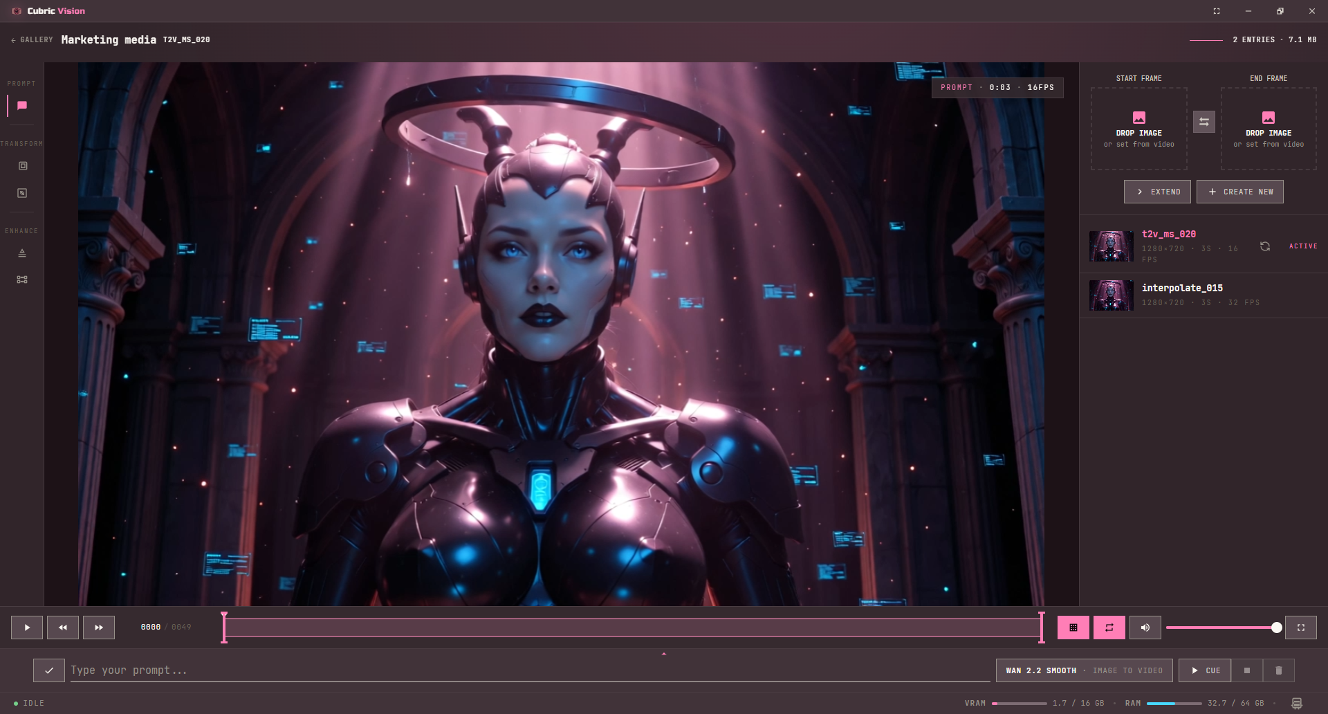 Cubric Vision History workspace in video mode with video viewer, trim range, transport controls, prompt controls, and video entries