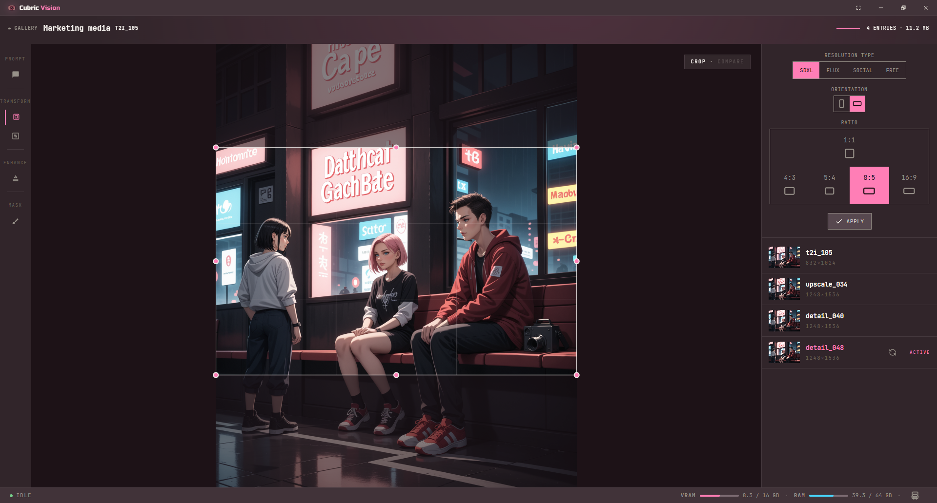 Image Crop tool with a crop box and ratio presets for SDXL, Flux, and social media formats