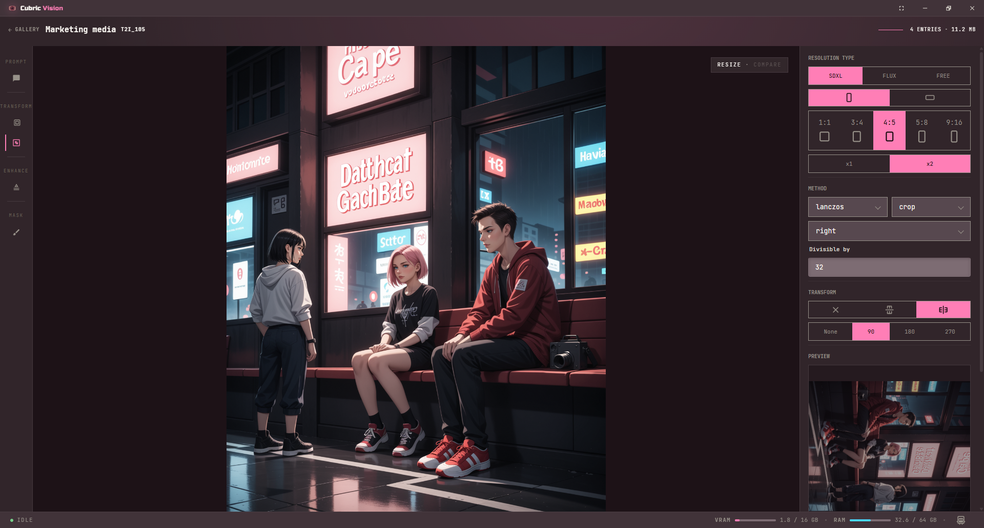 Image Resize tool with ratio presets expanded and the live preview pushed lower in the settings panel