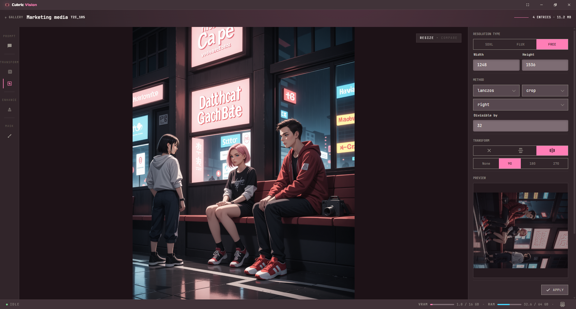 Image Resize tool showing width, height, scale, and a live preview of the resized image