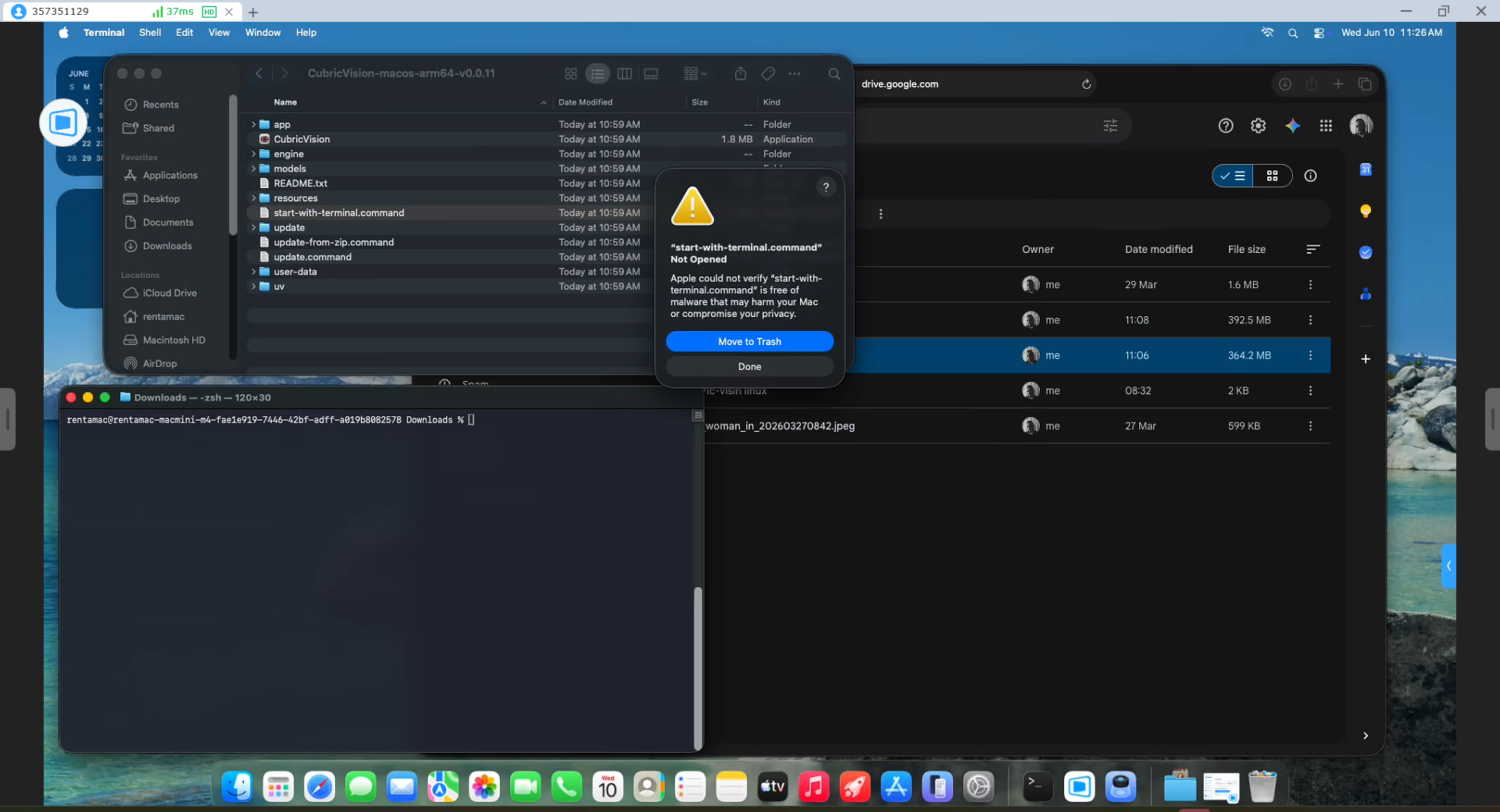 macOS showing the unzipped Cubric Vision folder in Finder with start.command, the quarantine 'Not Opened' block dialog, and a Terminal window open