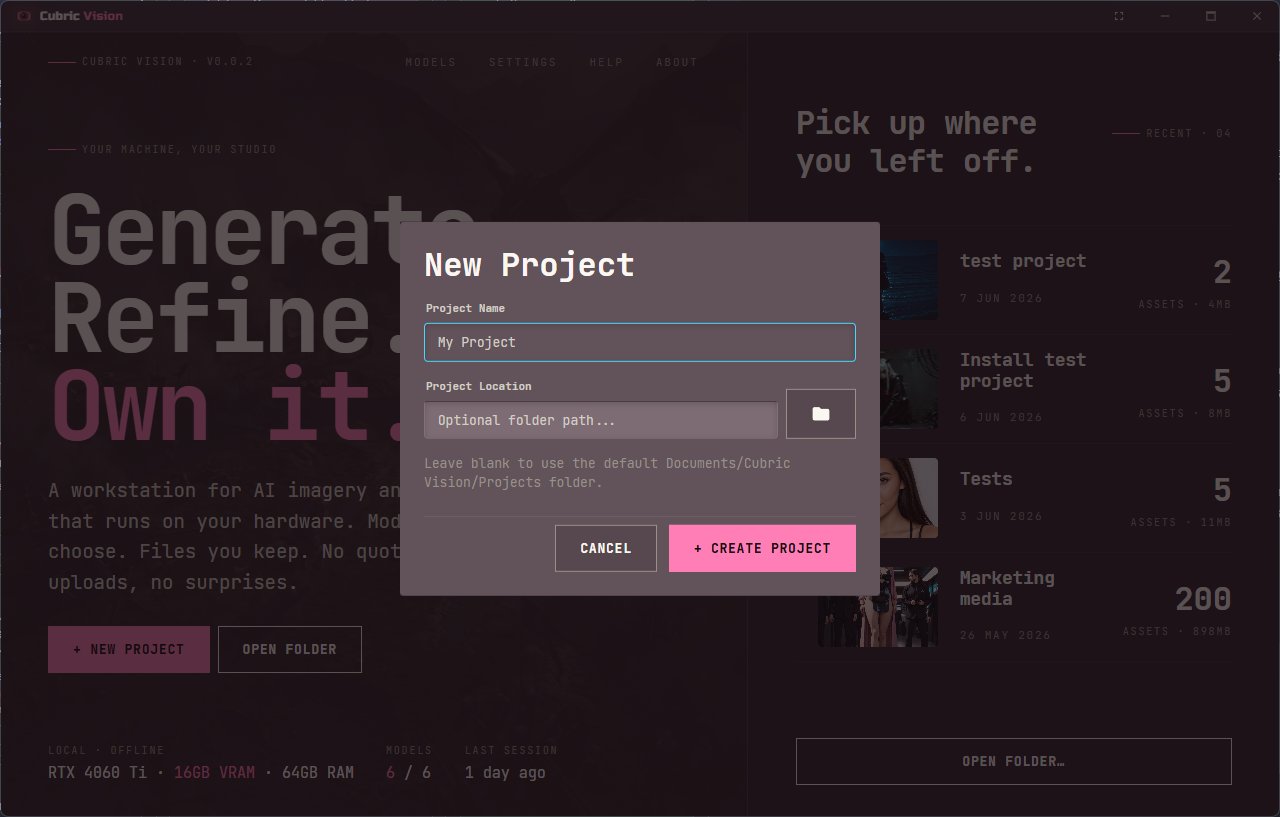 Cubric Vision New Project dialog with Project Name, optional Project Location, folder picker, Cancel, and Create Project controls