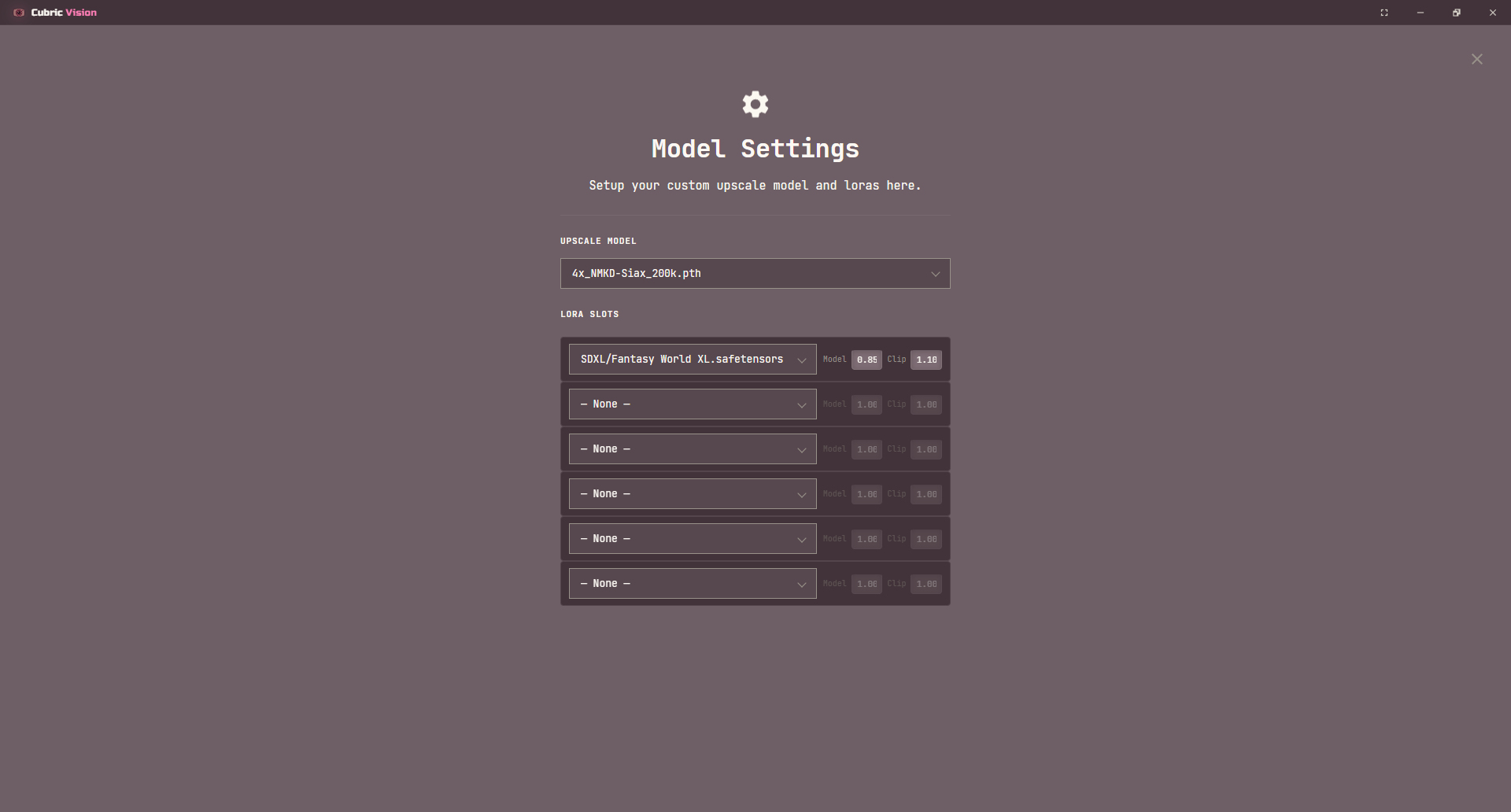 Model settings overlay showing upscale model and LoRA selectors