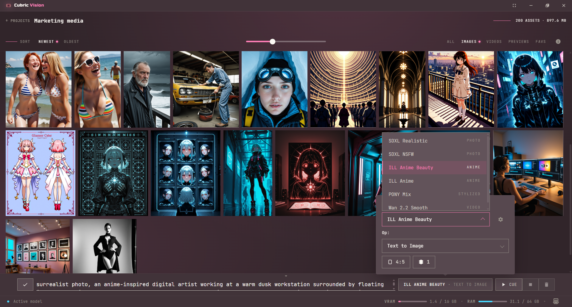 Prompt Box model menu showing installed image and video models