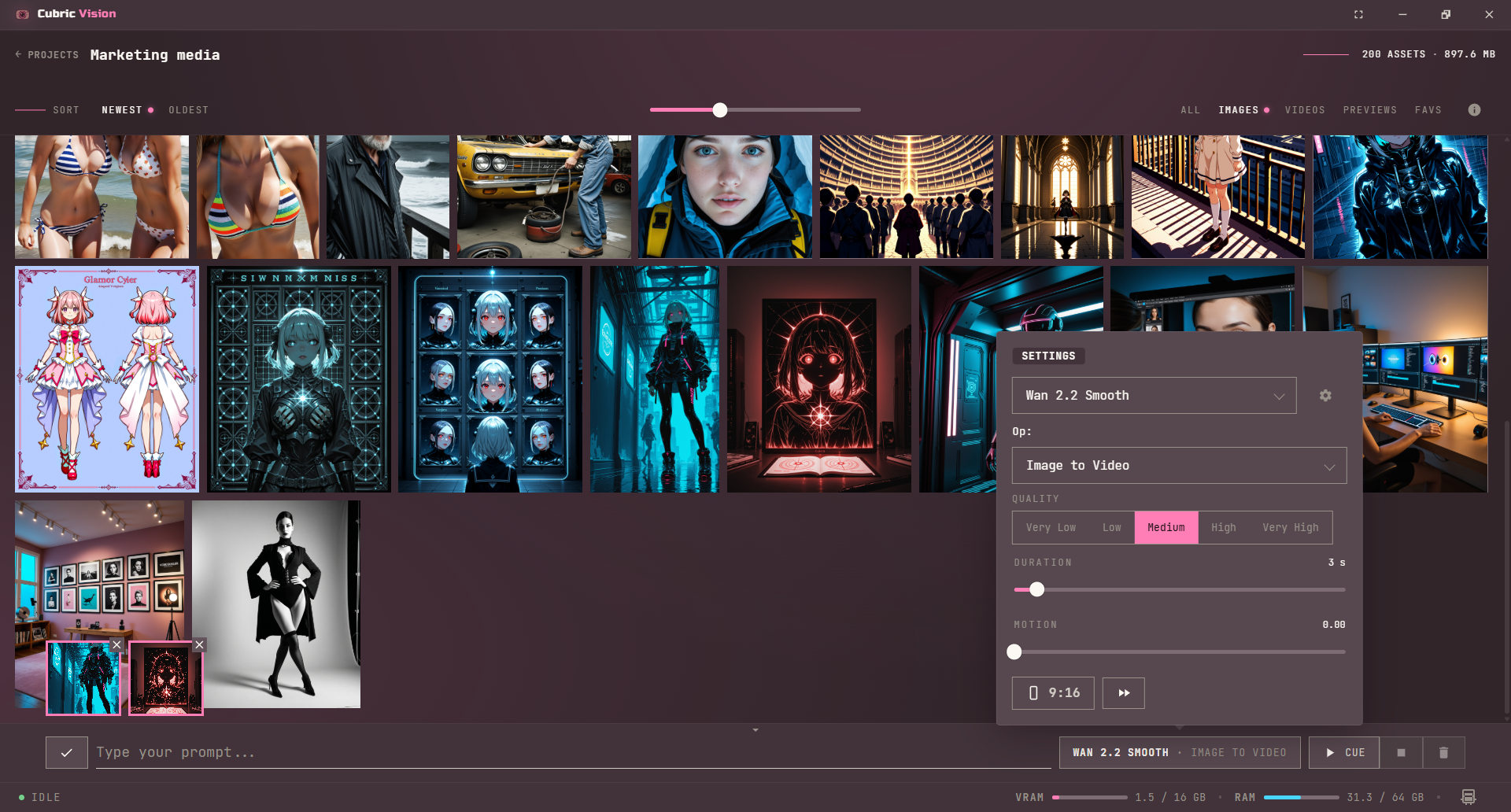 Prompt Box video generation controls including duration and video-specific options