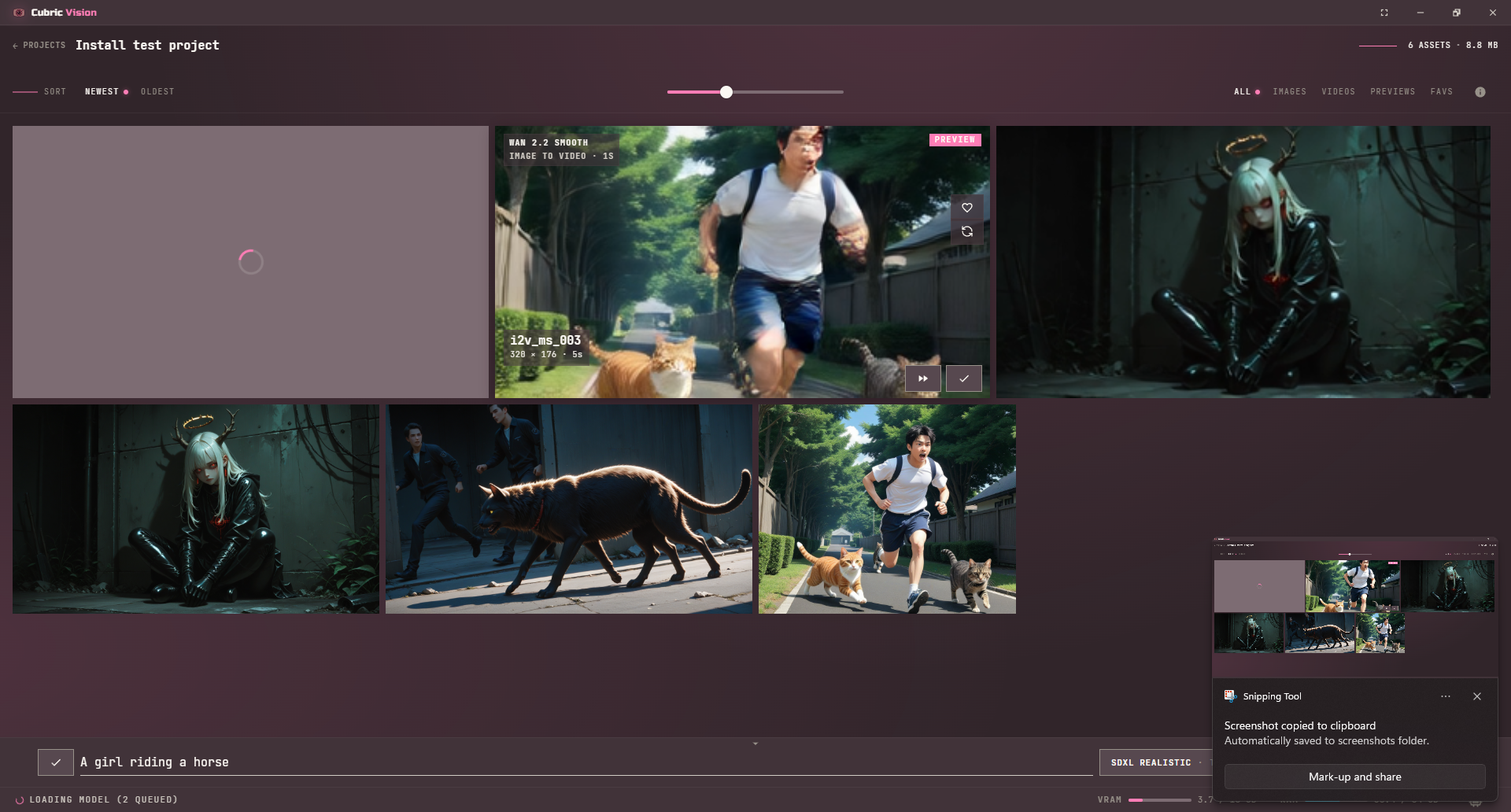 Gallery preview card from a resumable video generation with finish and branching controls