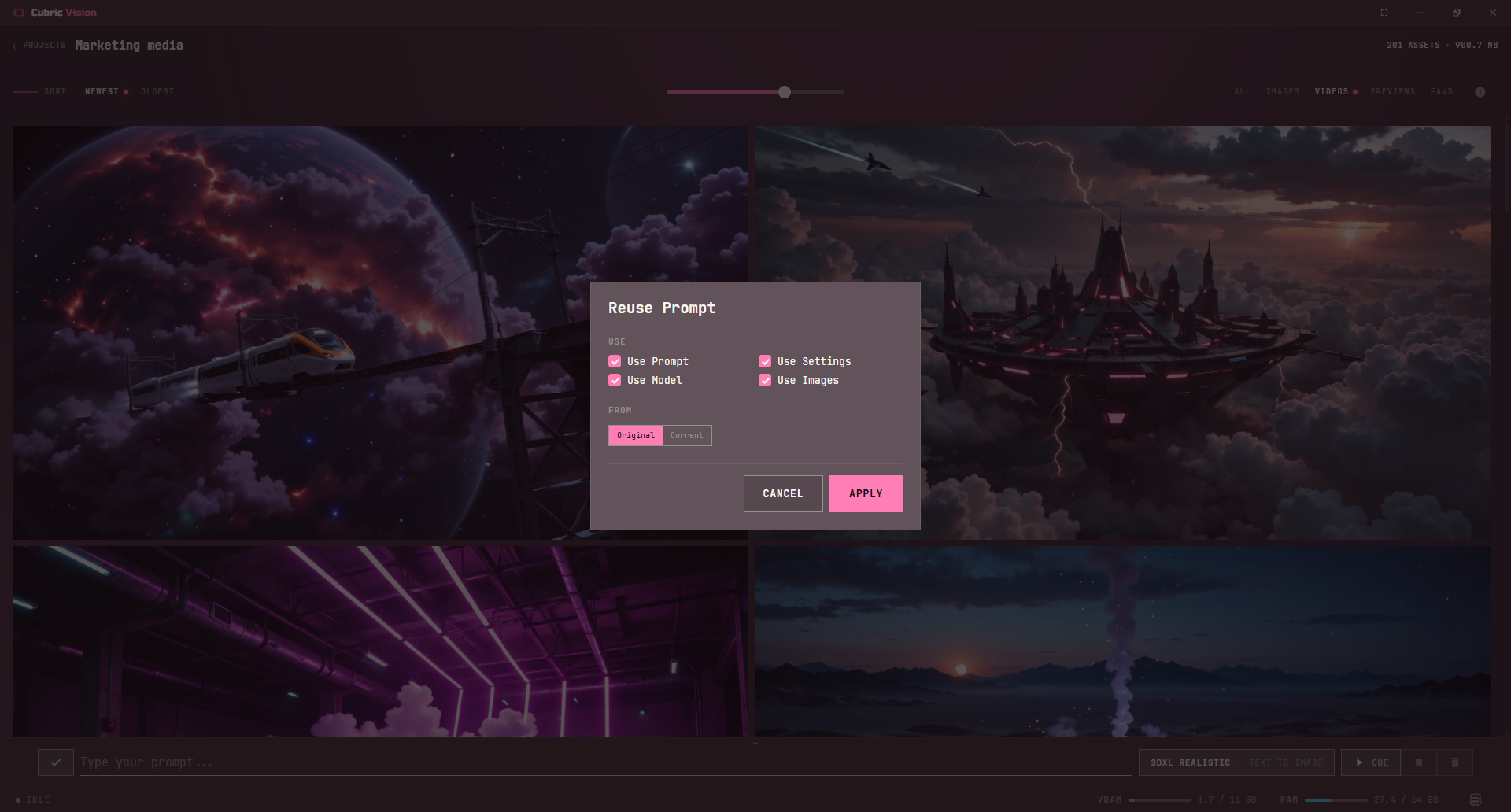 Gallery workspace showing the Reuse Prompt chooser for choosing what to transfer into the Prompt Box