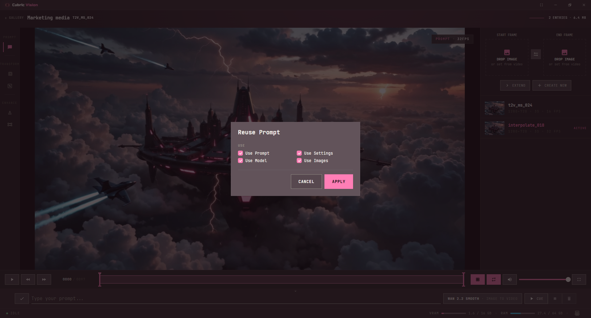 History workspace showing the Reuse Prompt chooser for a selected history entry