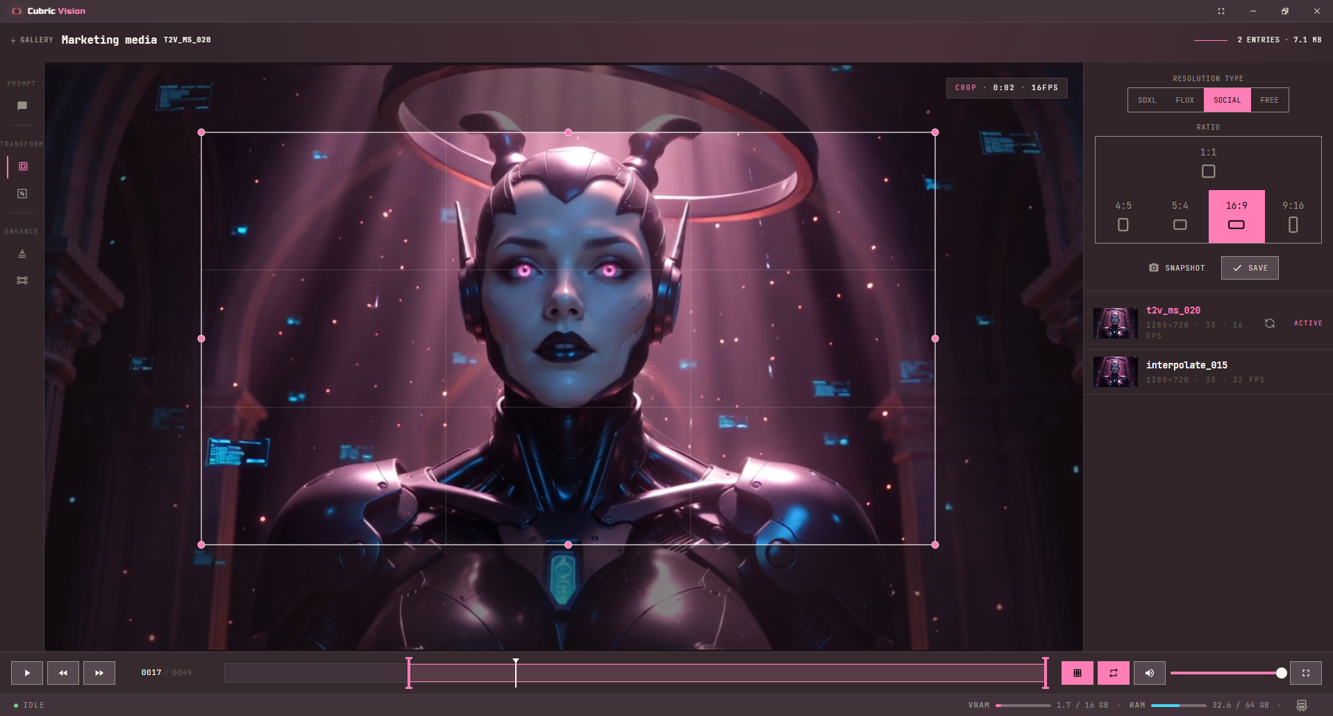Video Crop tool with crop box, ratio controls, and Snapshot option in the History video workspace