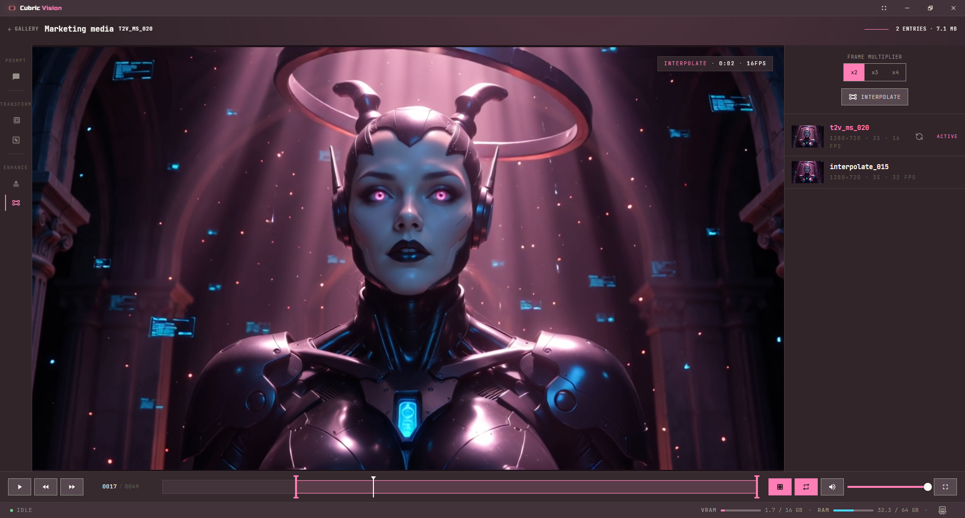 Video Interpolate tool with interpolation multiplier controls in the History video workspace