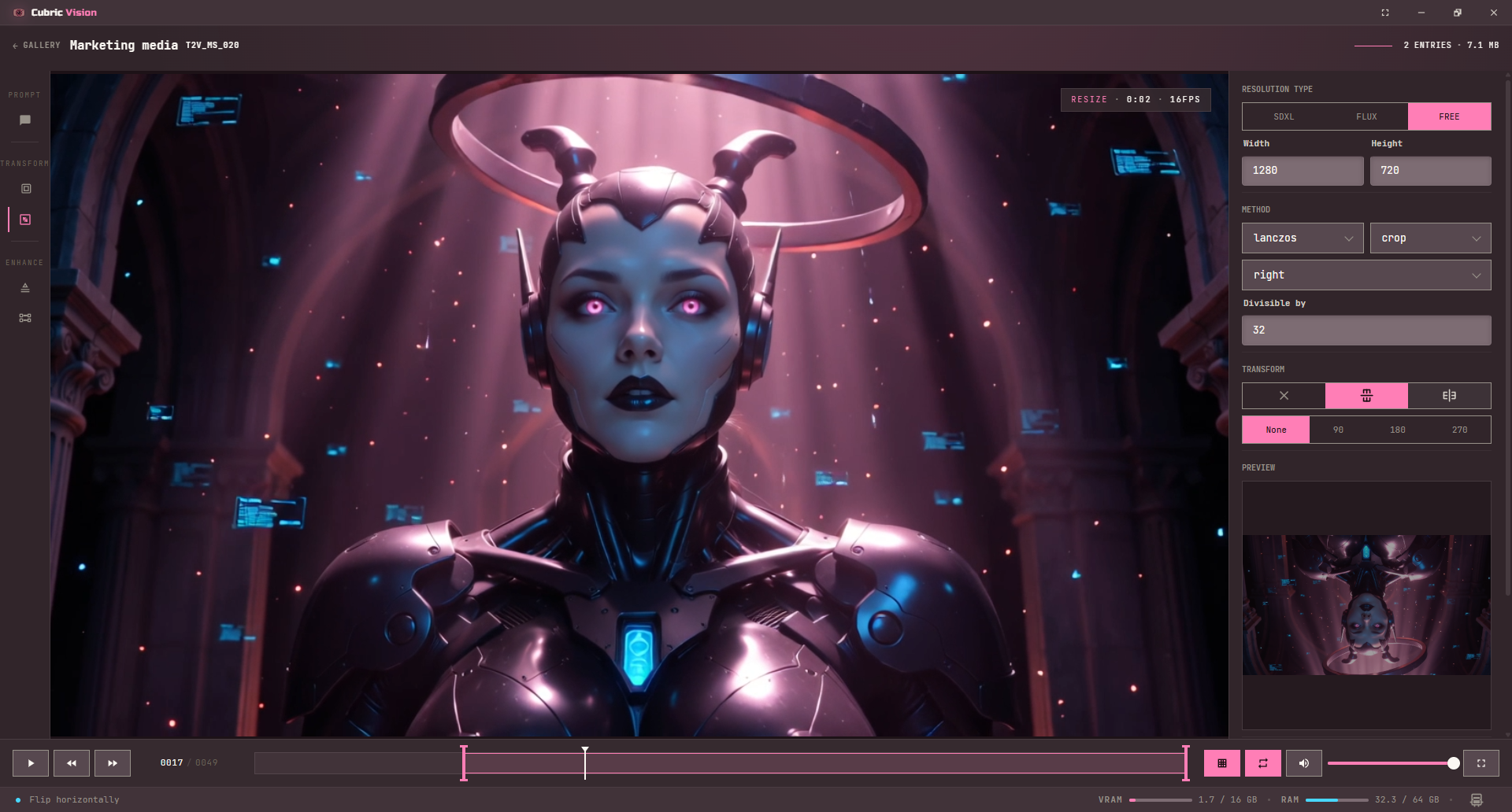 Video Resize tool showing resize controls and live preview in the History video workspace