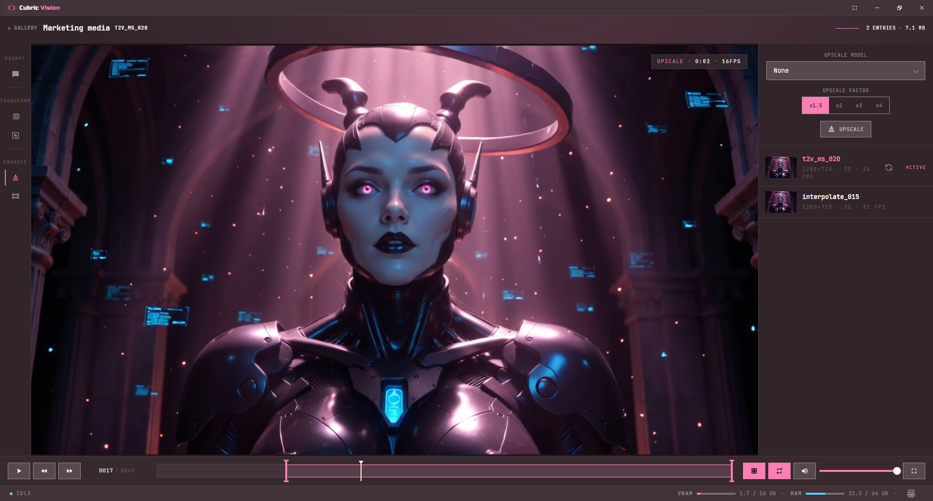 Video Upscale tool with upscale settings in the History video workspace